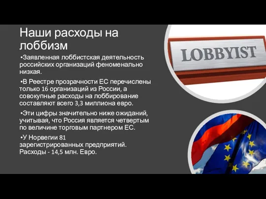 Наши расходы на лоббизм Заявленная лоббистская деятельность российских организаций феноменально