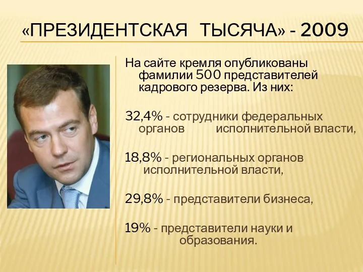 «ПРЕЗИДЕНТСКАЯ ТЫСЯЧА» - 2009 На сайте кремля опубликованы фамилии 500