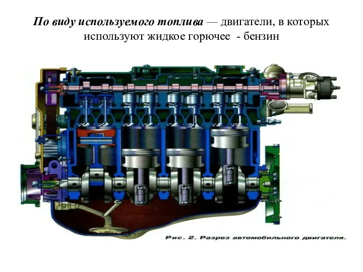 По виду используемого топлива — двигатели, в которых используют жидкое горючее - бензин