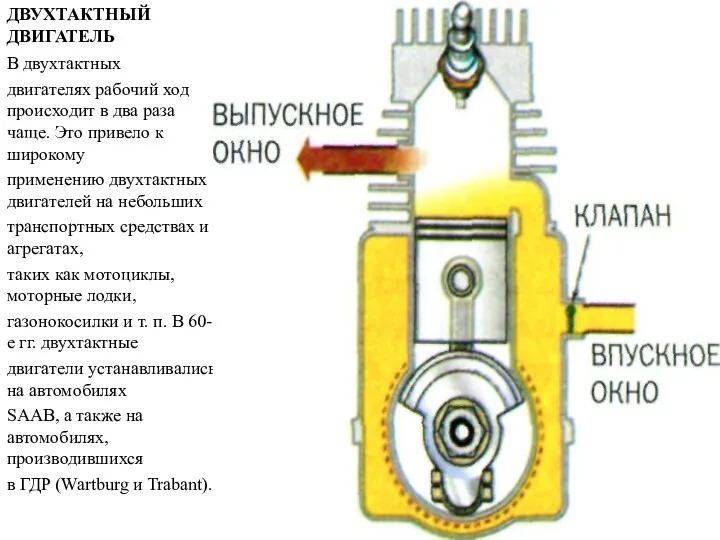 ДВУХТАКТНЫЙ ДВИГАТЕЛЬ В двухтактных двигателях рабочий ход происходит в два