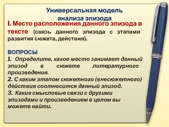 Универсальная модель анализа эпизода I. Место расположения данного эпизода в