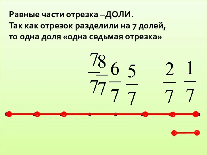 Равные части отрезка –ДОЛИ. Так как отрезок разделили на 7