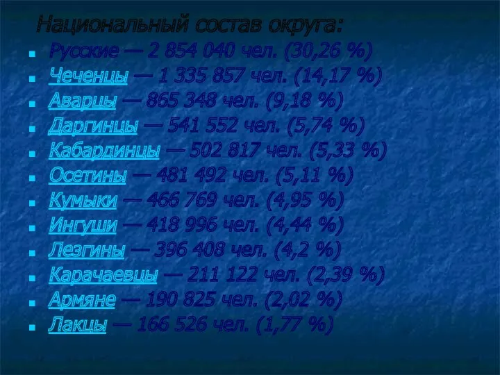 Национальный состав округа: Русские — 2 854 040 чел. (30,26 %) Чеченцы —