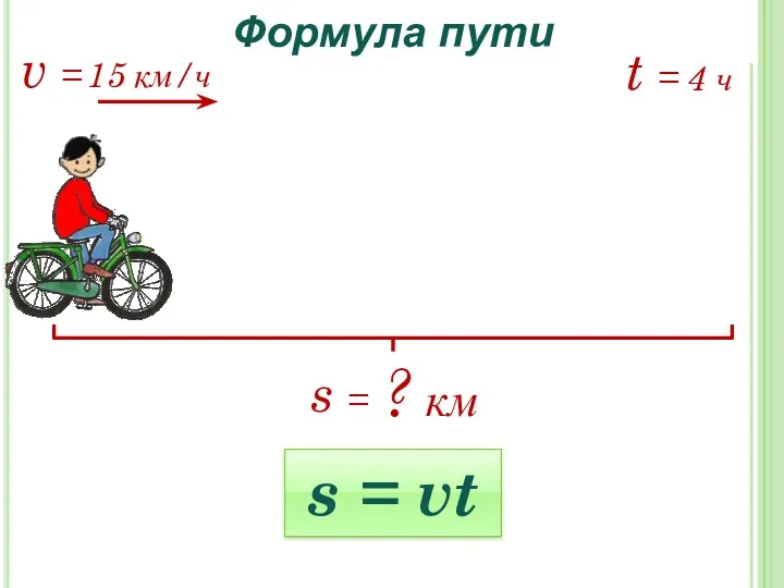 Формула пути ? км 4 ч s = vt v = s = t =