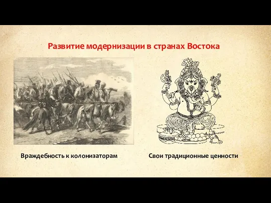 Развитие модернизации в странах Востока Враждебность к колонизаторам Свои традиционные ценности