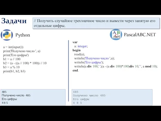 Задачи Python PascalABC.NET 485 Получено число 485 Его цифры 4