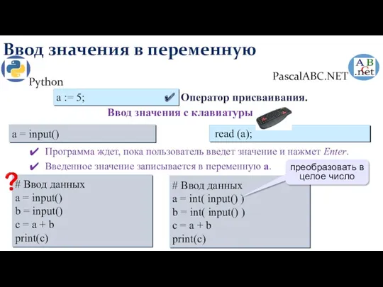 Ввод значения в переменную Python PascalABC.NET read (a); a =