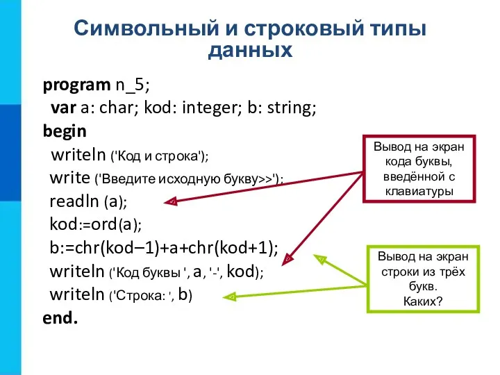 Символьный и строковый типы данных program n_5; var a: char;