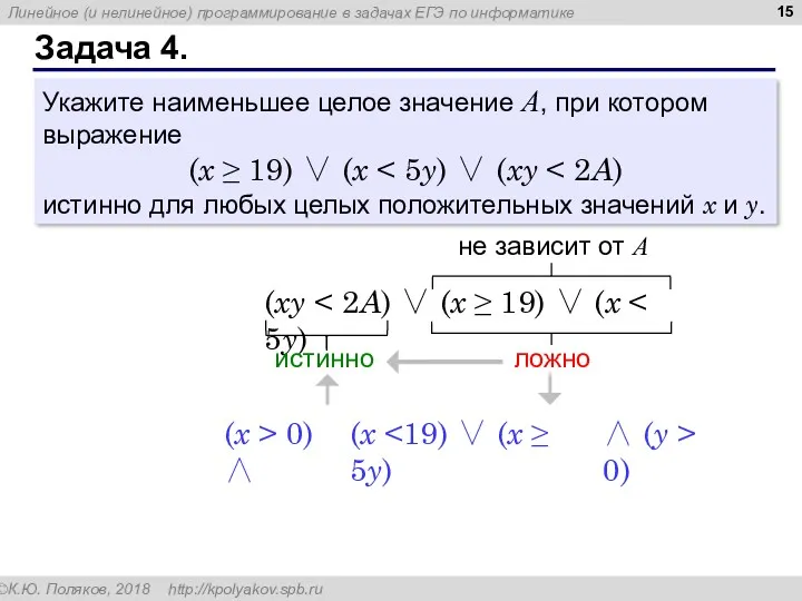 Задача 4. Укажите наименьшее целое значение А, при котором выражение