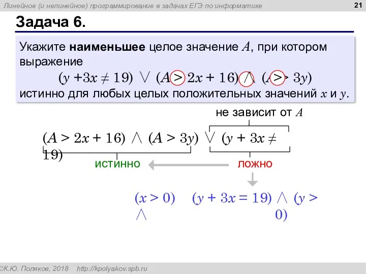 Задача 6. Укажите наименьшее целое значение А, при котором выражение