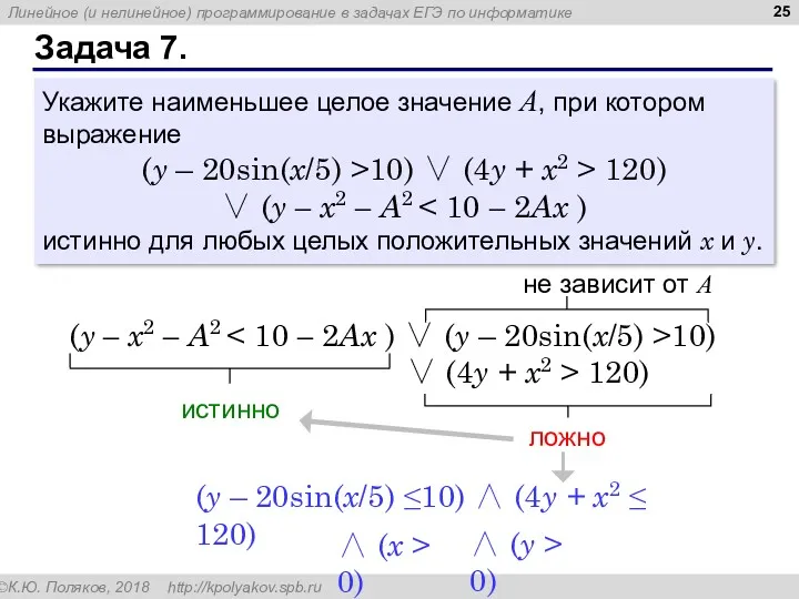 Задача 7. Укажите наименьшее целое значение А, при котором выражение