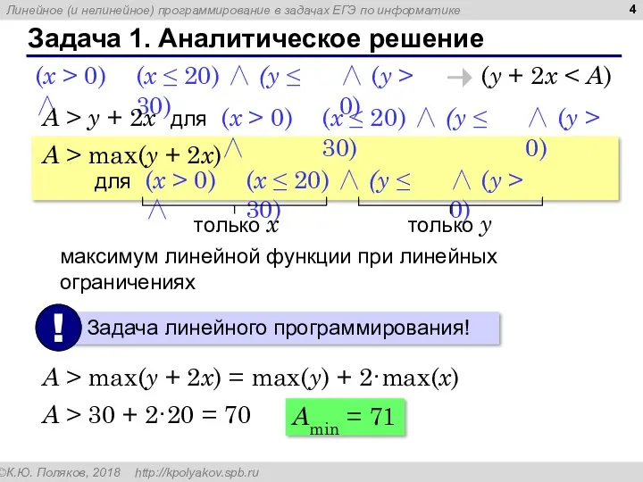 Задача 1. Аналитическое решение (y + 2x (x ≤ 20)