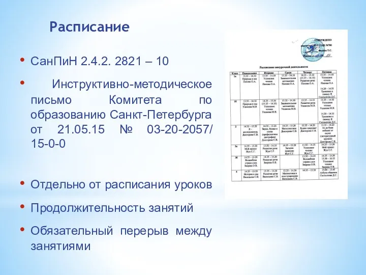 СанПиН 2.4.2. 2821 – 10 Инструктивно-методическое письмо Комитета по образованию Санкт-Петербурга от 21.05.15