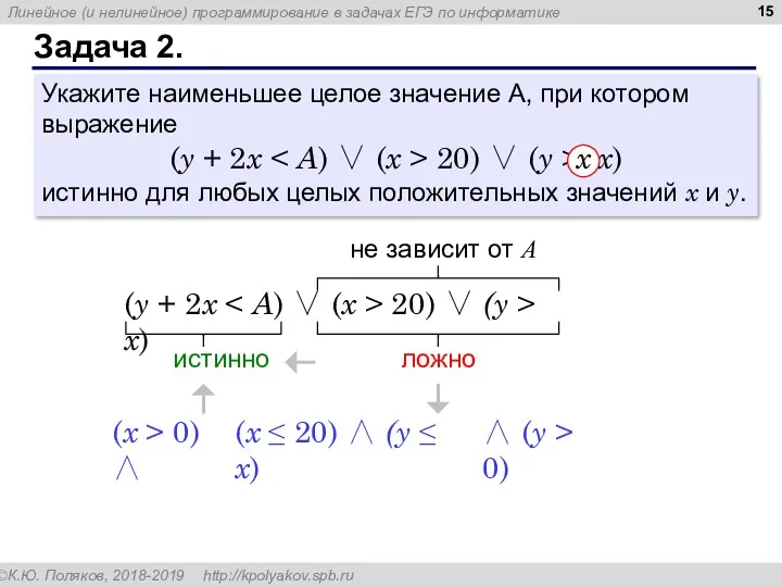 Задача 2. Укажите наименьшее целое значение А, при котором выражение