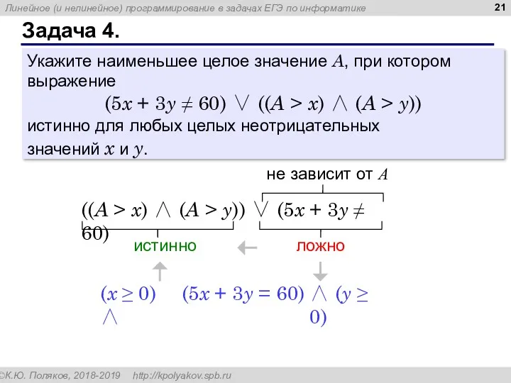 Задача 4. Укажите наименьшее целое значение A, при котором выражение