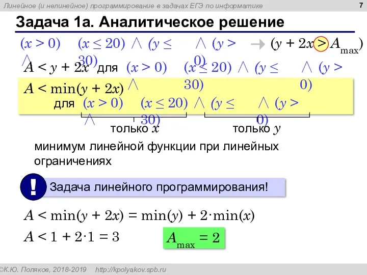 Задача 1a. Аналитическое решение (y + 2x > Amax) (x