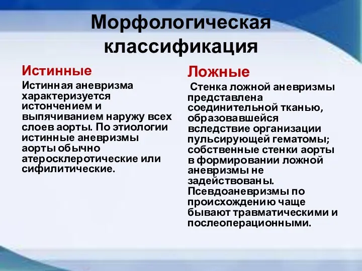 Морфологическая классификация Истинные Истинная аневризма характеризуется истончением и выпячиванием наружу