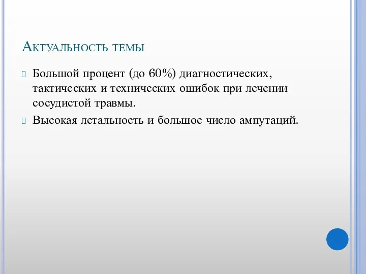 Актуальность темы Большой процент (до 60%) диагностических, тактических и технических