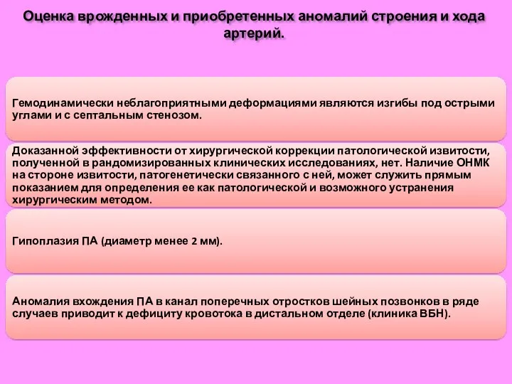 Оценка врожденных и приобретенных аномалий строения и хода артерий.