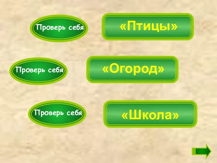 «Птицы» «Огород» «Школа» Проверь себя Проверь себя Проверь себя