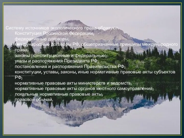 Систему источников экологического права образуют: Конституция Российской Федерации; федеративные договоры;