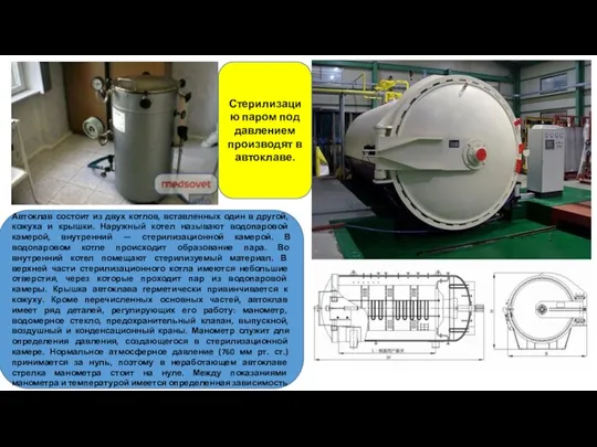 Автоклав состоит из двух котлов, вставленных один в другой, кожуха