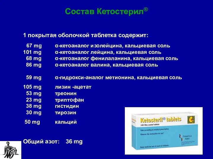 Состав Кетостерил® 1 покрытая оболочкой таблетка содержит: 67 mg α-кетоаналог изолейцина, кальциевая соль