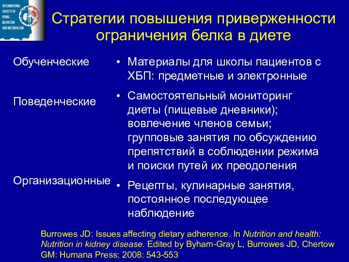 Стратегии повышения приверженности ограничения белка в диете Обученческие Поведенческие Организационные Материалы для школы