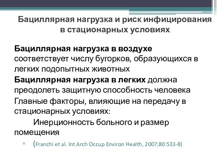 Бациллярная нагрузка и риск инфицирования в стационарных условиях Бациллярная нагрузка