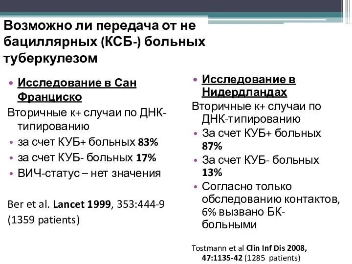 Возможно ли передача от не бациллярных (КСБ-) больных туберкулезом Исследование