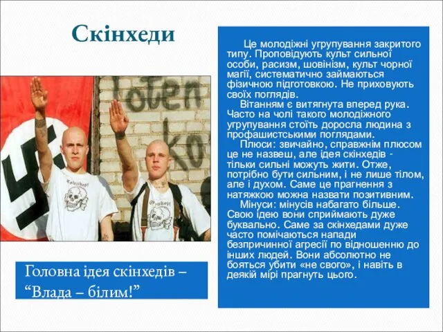 Скінхеди Головна ідея скінхедів – “Влада – білим!” Це молодіжні