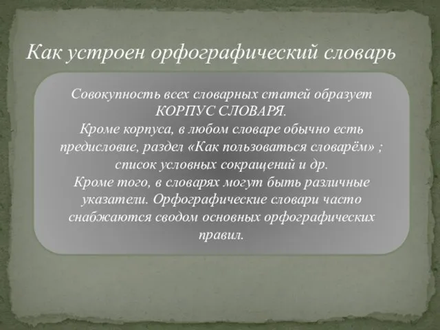 Как устроен орфографический словарь Совокупность всех словарных статей образует КОРПУС