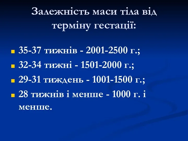 Залежність маси тіла від терміну гестації: 35-37 тижнів - 2001-2500