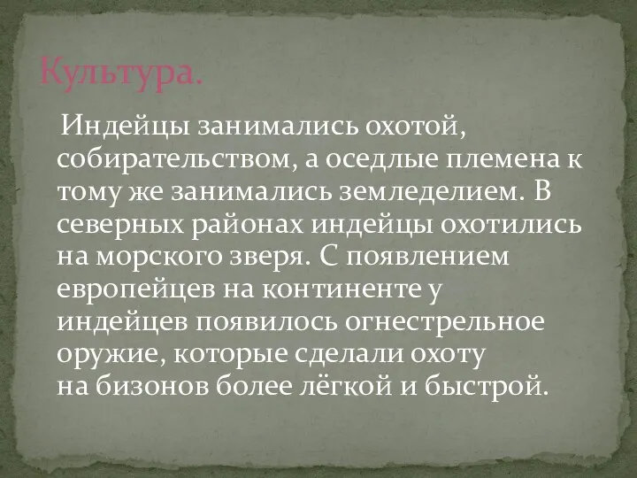 Индейцы занимались охотой, собирательством, а оседлые племена к тому же