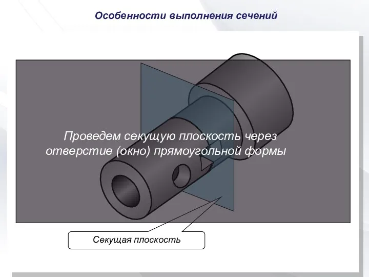 Особенности выполнения сечений Секущая плоскость Проведем секущую плоскость через отверстие (окно) прямоугольной формы