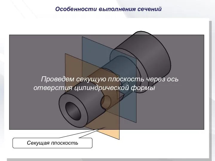 Особенности выполнения сечений Секущая плоскость Проведем секущую плоскость через ось отверстия цилиндрической формы