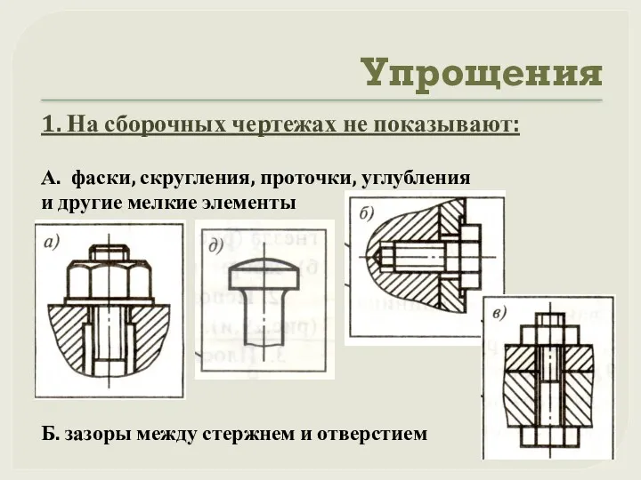 Упрощения 1. На сборочных чертежах не показывают: А. фаски, скругления,