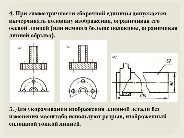 4. При симметричности сборочной единицы допускается вычерчивать половину изображения, ограничивая