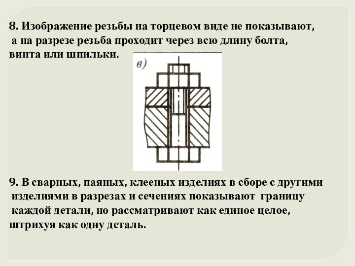 8. Изображение резьбы на торцевом виде не показывают, а на