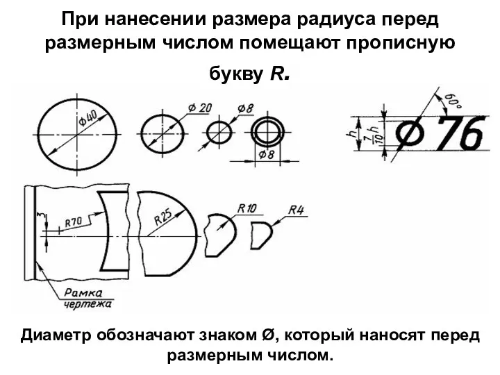 При нанесении размера радиуса перед размерным числом помещают прописную букву