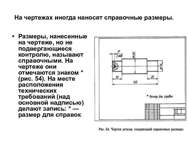 На чертежах иногда наносят справочные размеры. Размеры, нанесенные на чертеже,