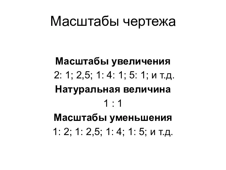 Масштабы чертежа Масштабы увеличения 2: 1; 2,5; 1: 4: 1;