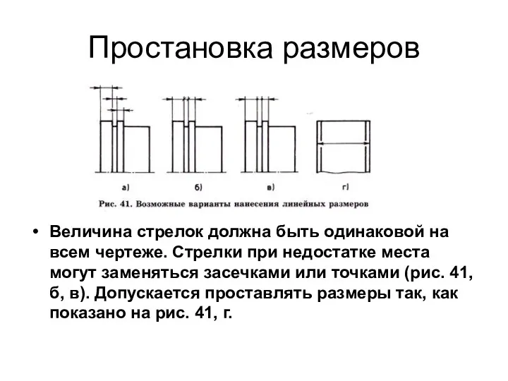 Простановка размеров Величина стрелок должна быть одинаковой на всем чертеже.