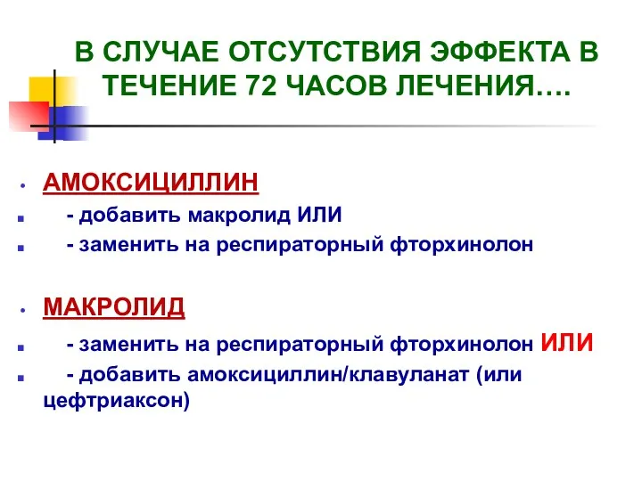 В СЛУЧАЕ ОТСУТСТВИЯ ЭФФЕКТА В ТЕЧЕНИЕ 72 ЧАСОВ ЛЕЧЕНИЯ…. АМОКСИЦИЛЛИН