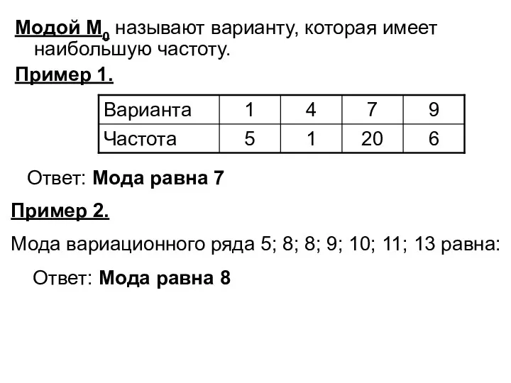 Модой М0 называют варианту, которая имеет наибольшую частоту. Пример 1.