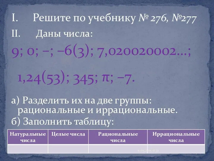 II. Даны числа: 9; 0; –; –6(3); 7,020020002…; 1,24(53); 345;