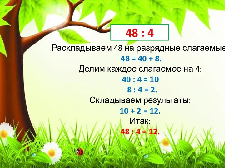 Раскладываем 48 на разрядные слагаемые: 48 = 40 + 8.