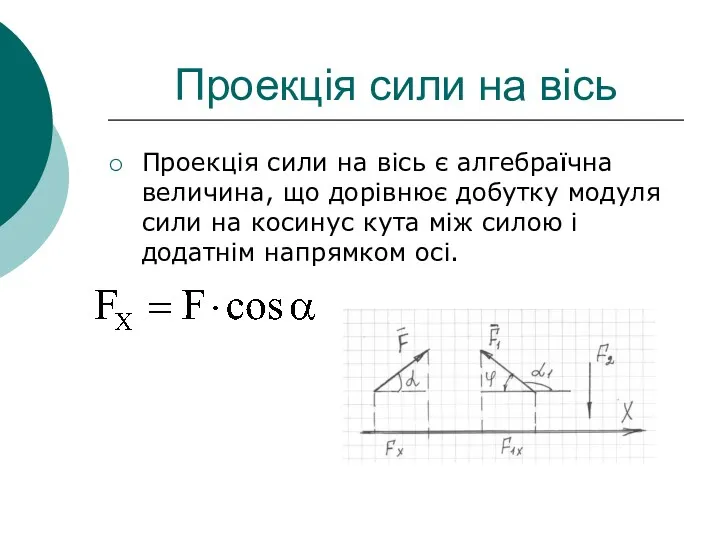 Проекція сили на вісь Проекція сили на вісь є алгебраїчна