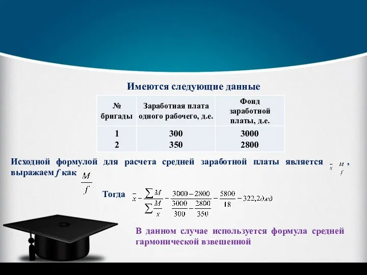 Имеются следующие данные Исходной формулой для расчета средней заработной платы