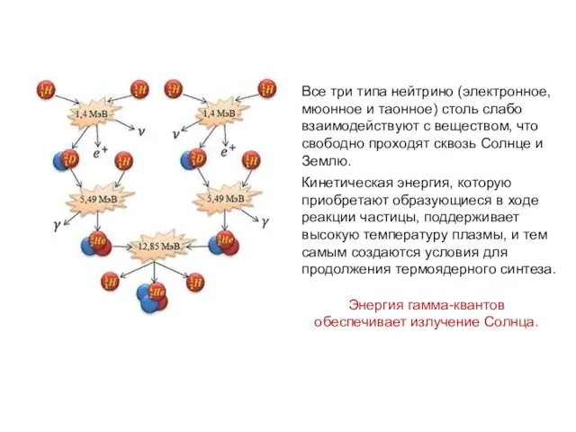 Энергия гамма-квантов обеспечивает излучение Солнца. Все три типа нейтрино (электронное,